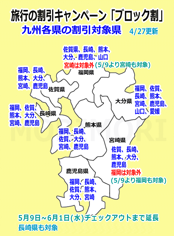 4 27更新 宿泊割 県民割 九州地域ブロック割 リンク集 福岡県 長崎県 佐賀県 大分県 熊本県 大分 鹿児島県 日々ブログ Morimori 宮崎県